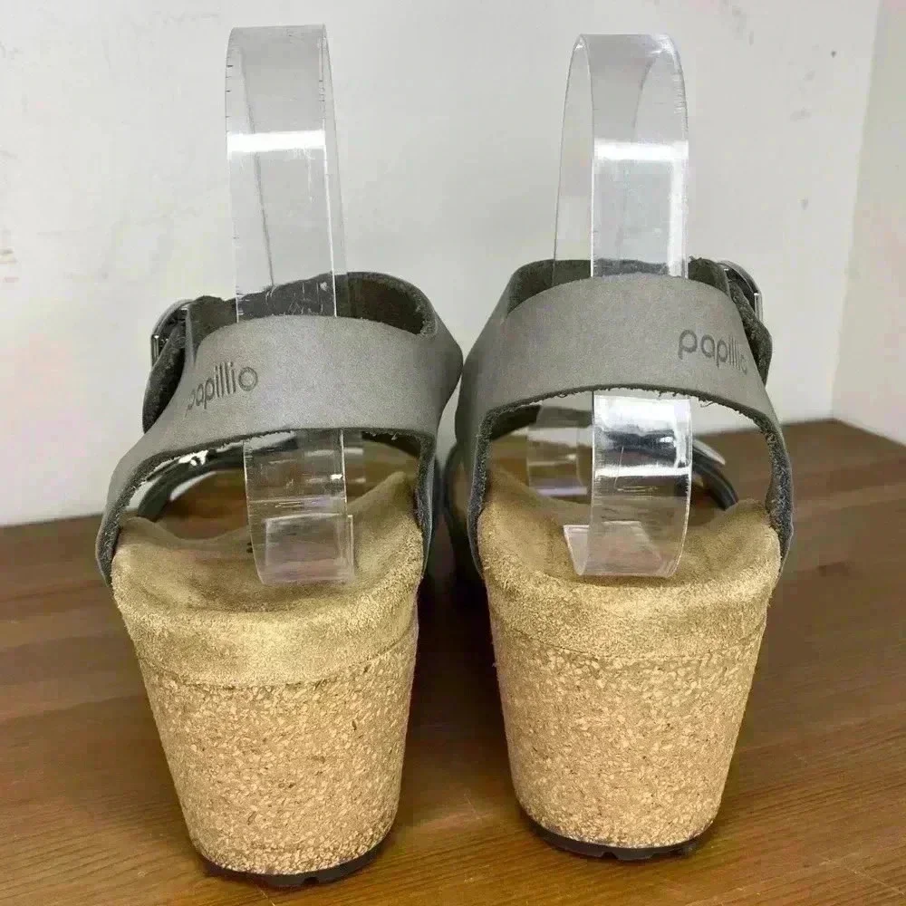NEW Birkenstock Papillio Soley Nubuck Dove Gray Leather Wedge Sandals EU39 US8
